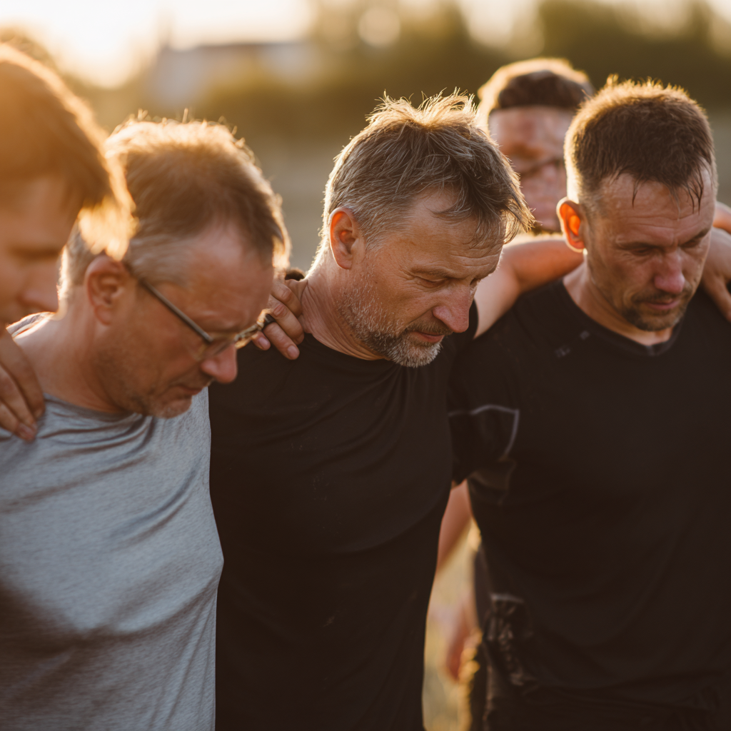 Group of determined middle-aged men supporting each other during fitness challenge outdoors