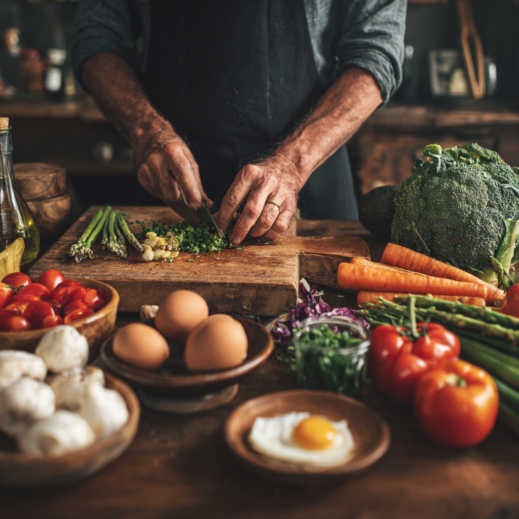 Healthy meal preparation showing balanced nutrition for middle-aged adults focused on performance