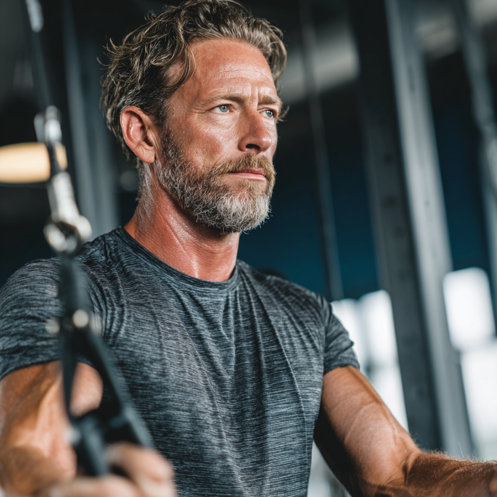 Middle-aged man performing functional strength training exercises in modern gym environment
